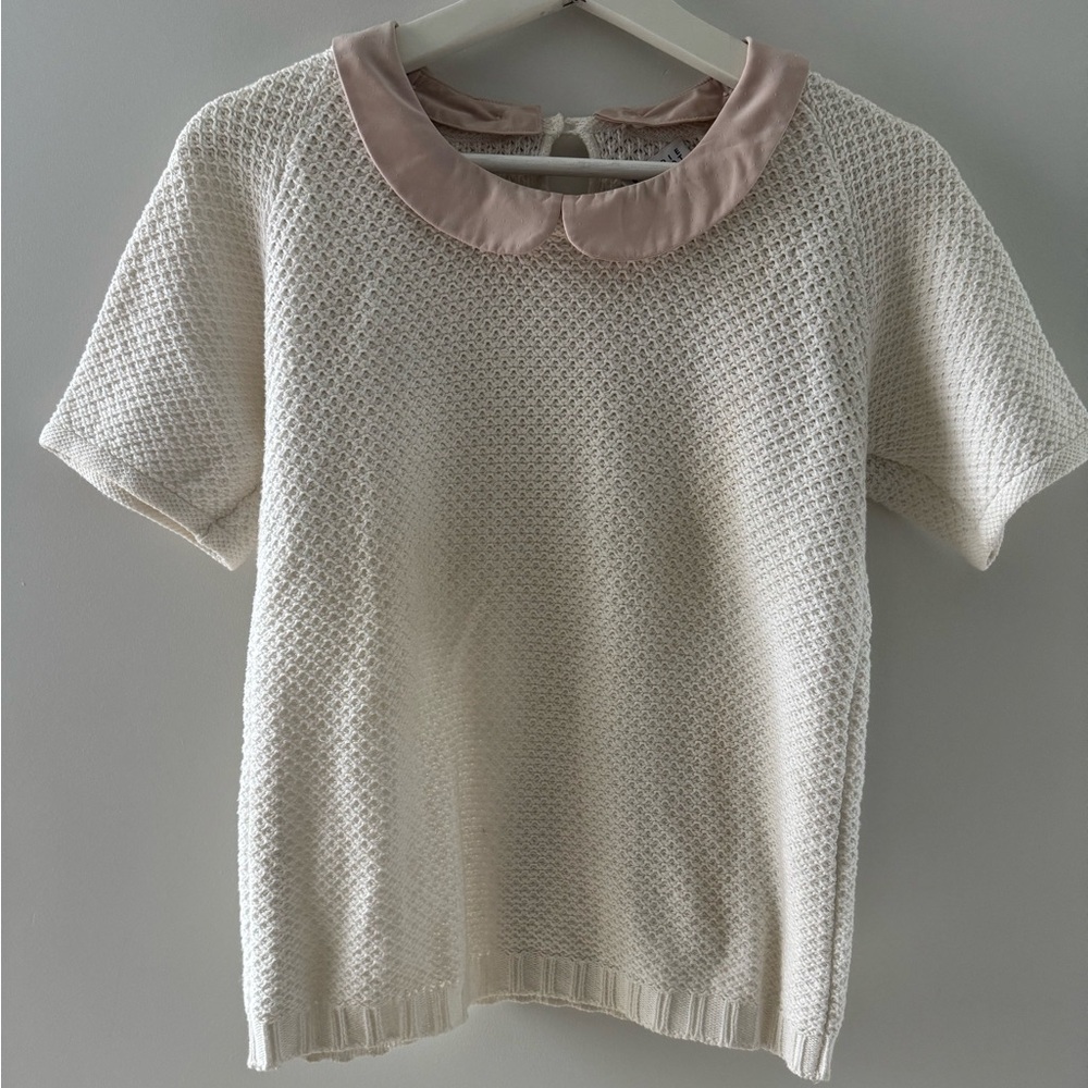 Claudie Pierlot Cream Knit Top with Pink Collar